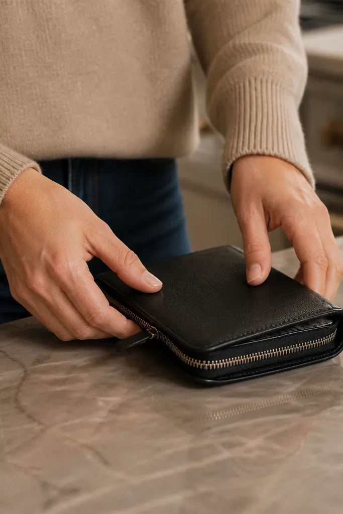 Small black faux leather journal with a gold zipper and a stitched-looking border
