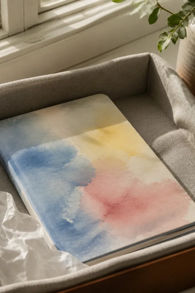 Soft watercolor wash notebook cover in dusty blue with a matte clear finish