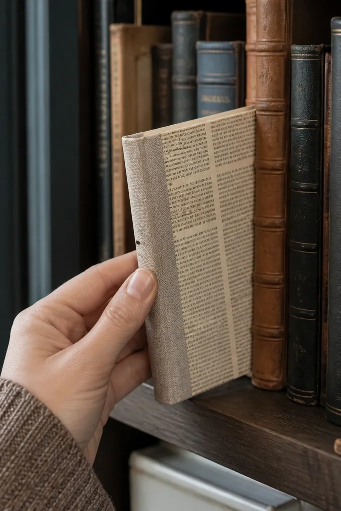A small journal covered in old book pages with a white linen spine wrap and dark elastic