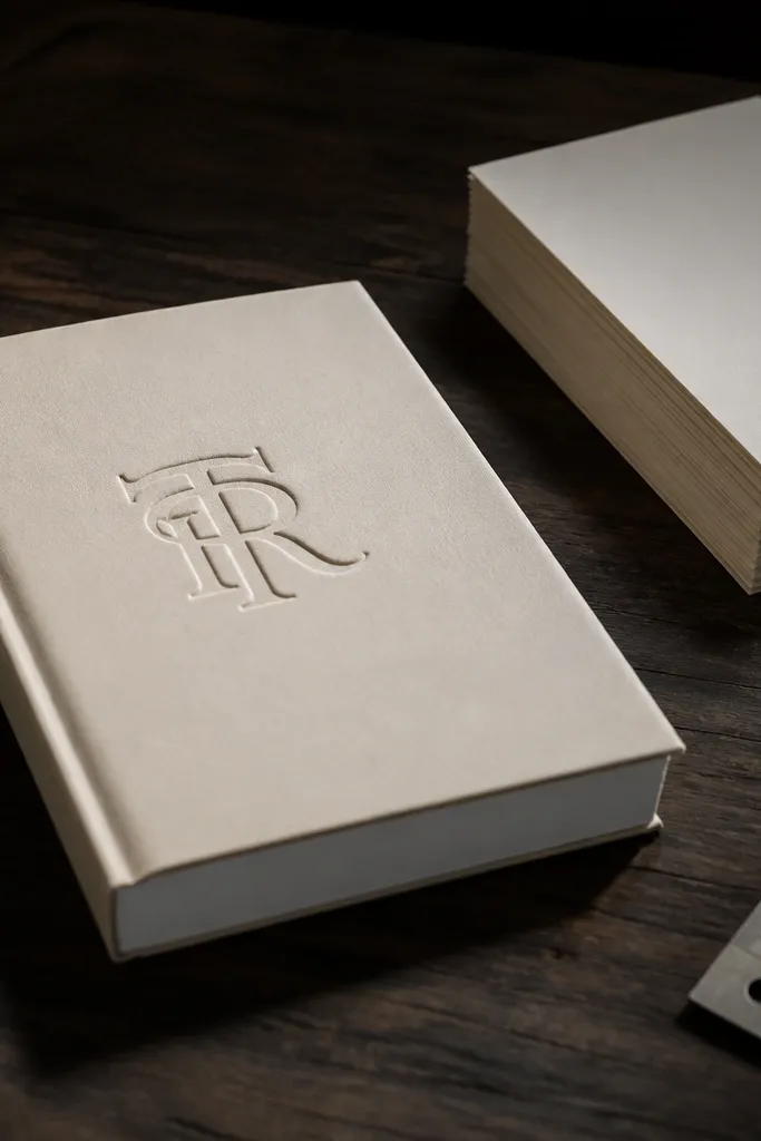 Cream thick-cover journal with a subtle embossed monogram and a thin twine tie
