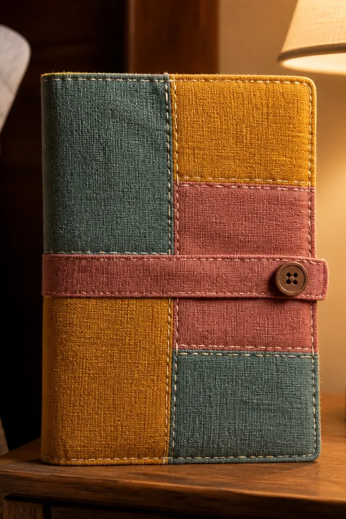 Patchwork fabric journal cover in rust, cream, and olive with visible white stitching and a fabric tie