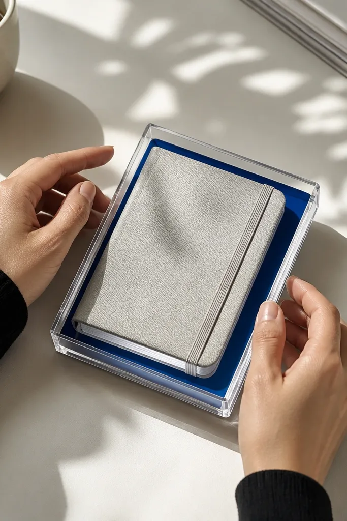 Clear cover journal with a red paper backing and a thin white elastic band