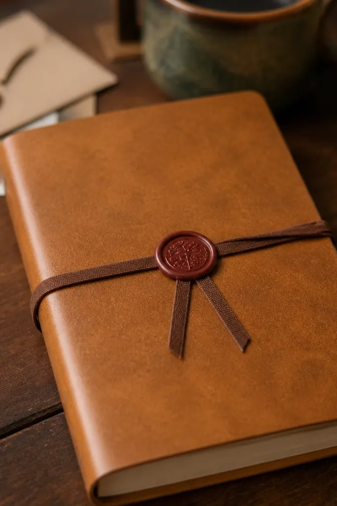 Brown kraft journal cover with a small wax seal and a cream ribbon tie