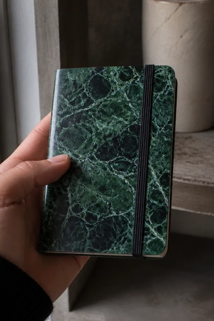 Dark green marble-effect notebook cover with a simple black elastic strap