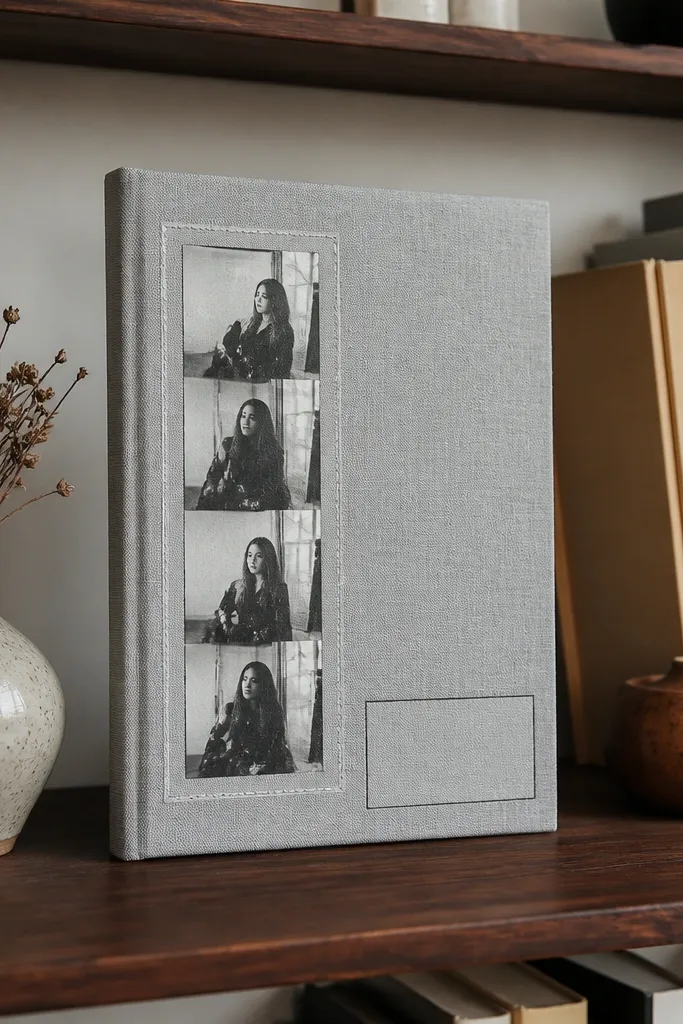 Black-and-white strip journal cover with a small cream caption panel and black elastic