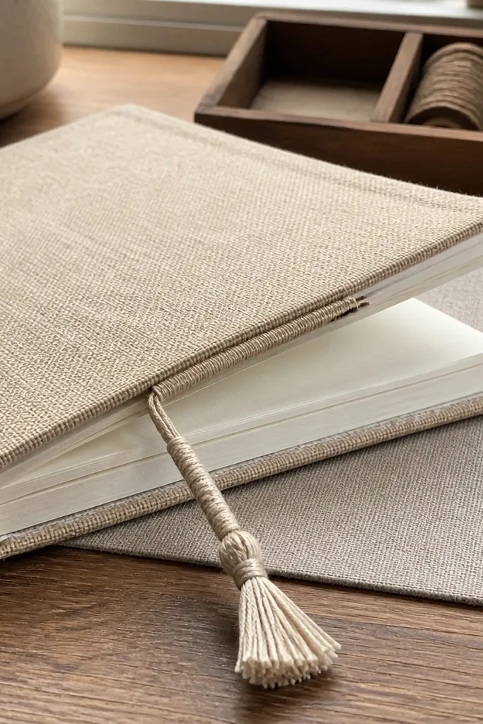Small journal with a pastel thread bookmark loop sticking out and matching cover edges