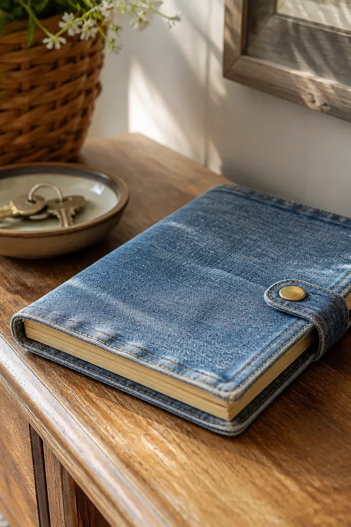 Washed denim journal cover with a small brass button and a tan tab closure