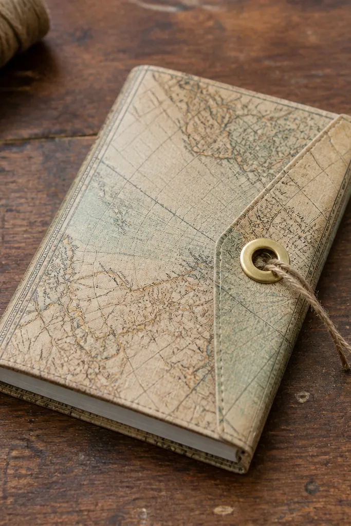 Small journal covered with vintage map print and a brass eyelet with ribbon tie