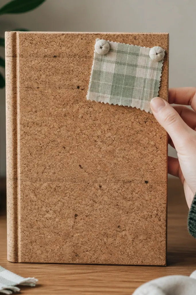 Tiny corkboard journal cover with a fabric pin tack and a small elastic strap
