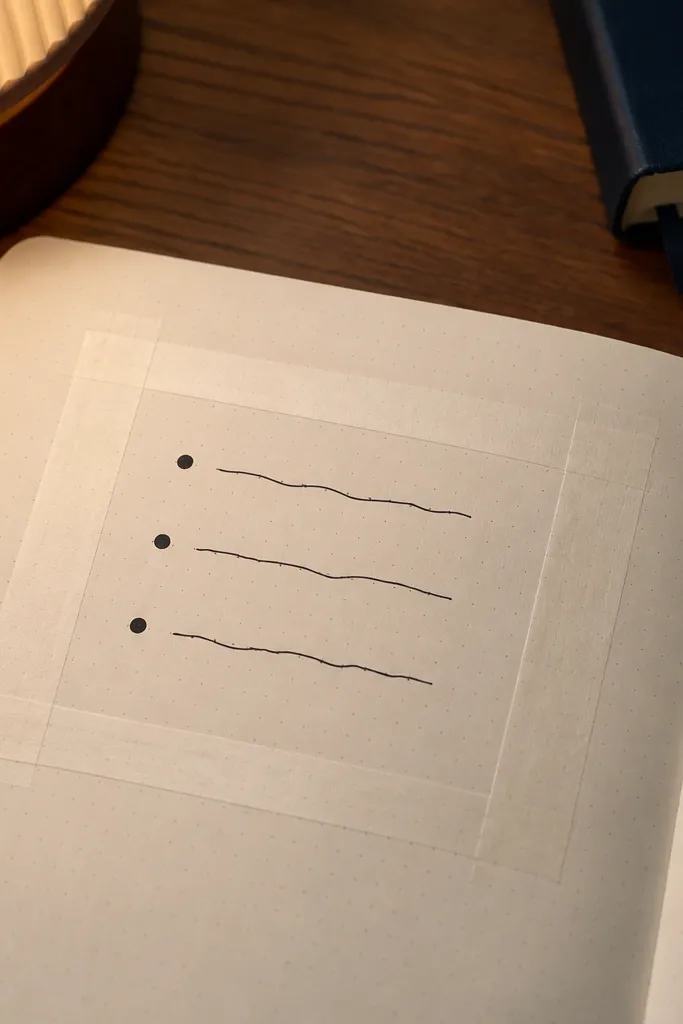 Washi tape frame around a journal page with three short mood lines and bullet dots.
