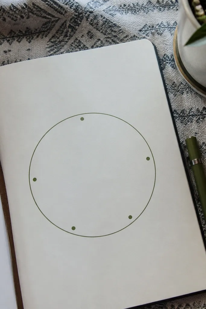 A hand-drawn circle checklist with five dot markers and small check marks.