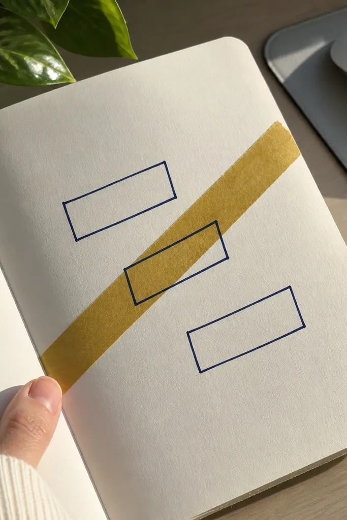 A diagonal washi tape strip with three stacked handwritten word blocks.