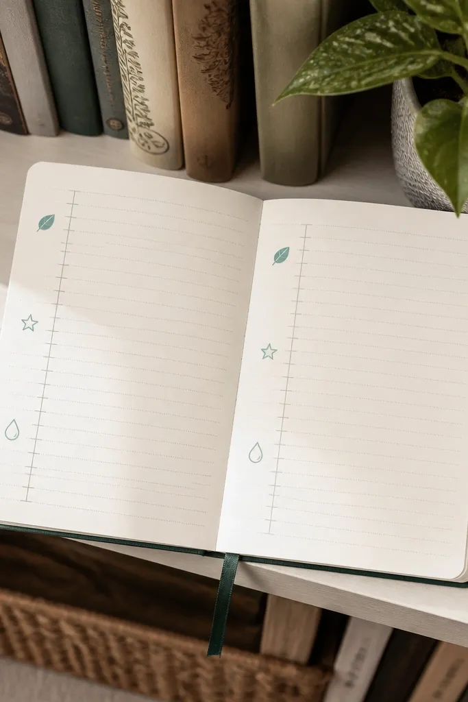 A journal page with ruler-straight margin lines on the left and tiny icons next to text.