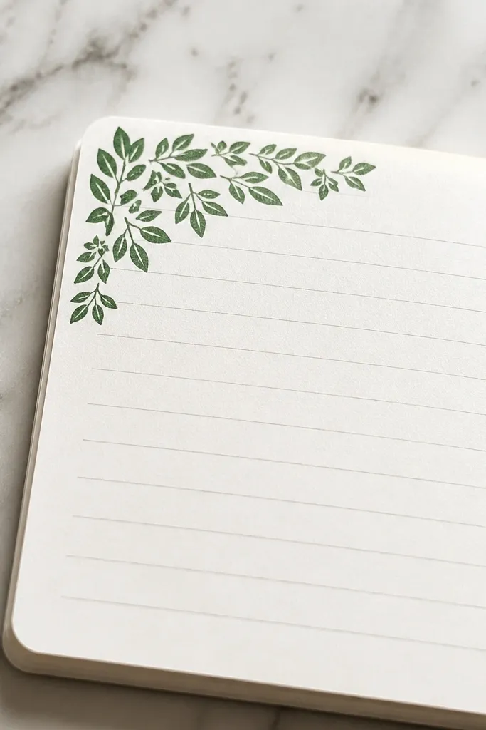 A corner cluster of simple leaf silhouettes with a few words beneath.
