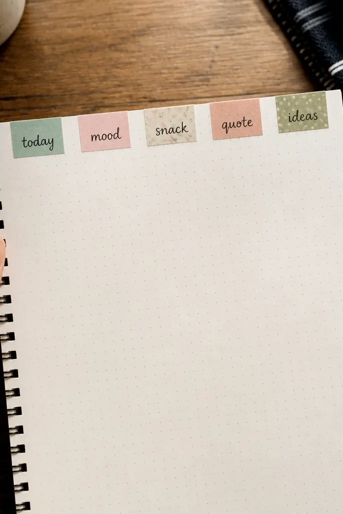 Washi tabs labeled like stickers with short phrases in a row.