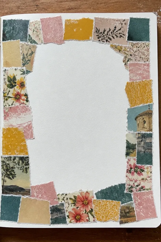 A collage frame made from small scrap paper rectangles around a handwritten note.