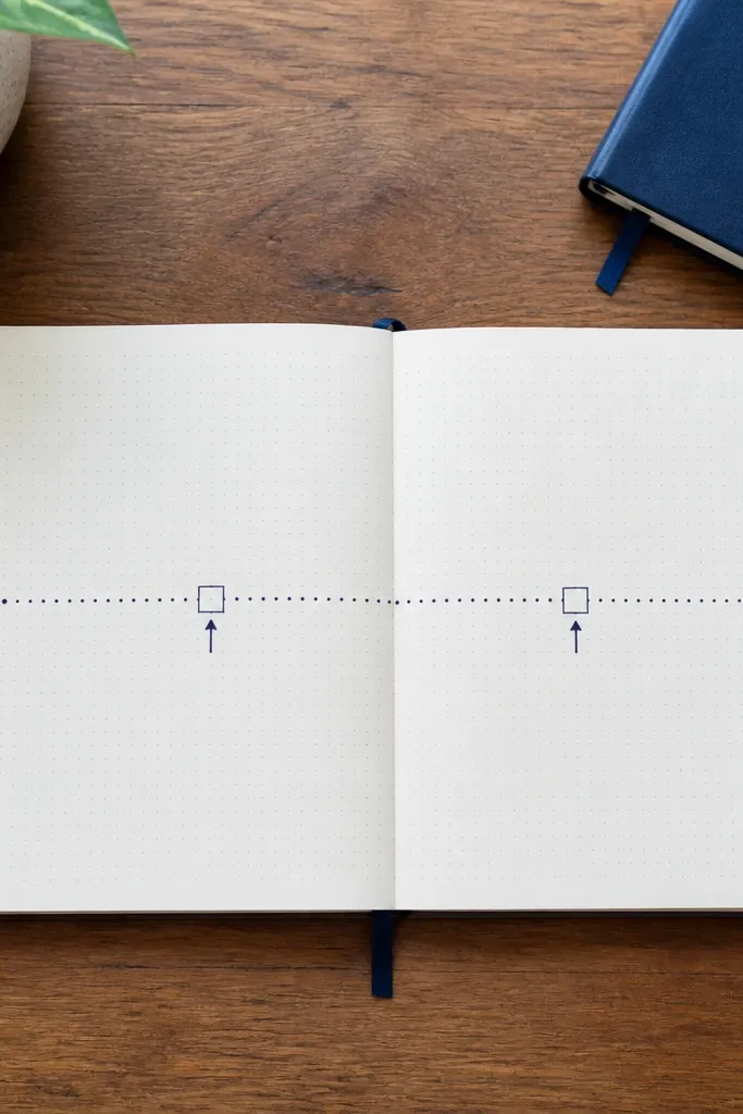 A dotted timeline line with two labeled checkpoints and short notes.