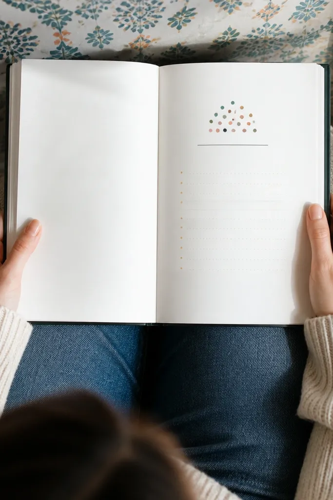 A header with a cluster of colored confetti dots above it and simple text below.