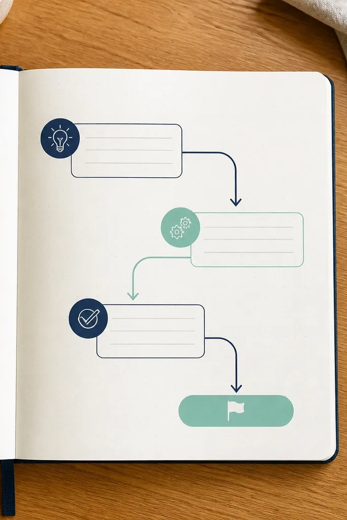 A simple arrow map with two colors pointing between three short notes.