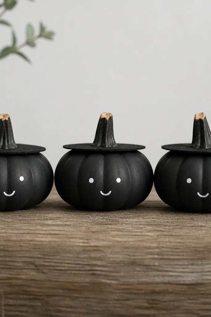 A row of three mini pumpkins, each painted matte black with tiny white eyes and a small crooked smile, plus a thin strip of black felt at the top like a witch hat brim.