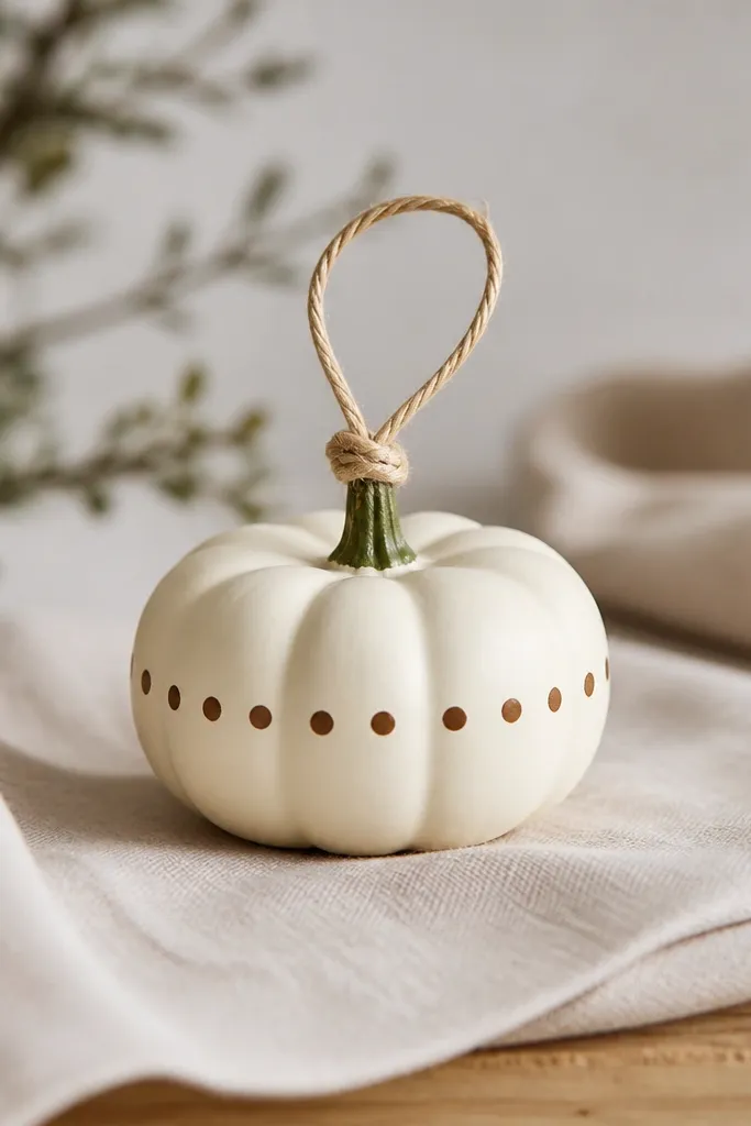 A mini pumpkin painted creamy off-white with a ring of small brown dots around the middle, plus a tiny green stem and a thin twine loop tied at the top.