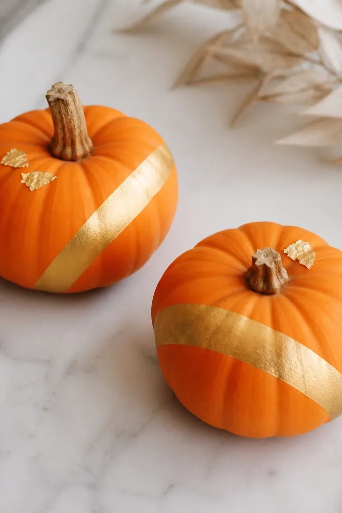 Mini pumpkins with a smooth matte orange base, one diagonal gold stripe made with metallic paint, and two tiny gold leaf pieces near the stem.