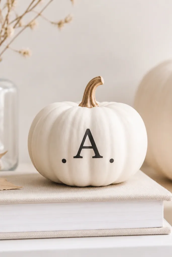 A mini pumpkin with a clean white base, a single black letter sticker centered like a face, and two tiny black dot cheeks under it.
