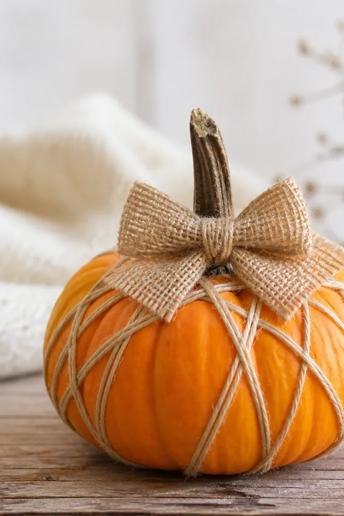 A mini pumpkin wrapped in thin beige twine crisscrossed around the body, with a small burlap bow tied at the top and the stem left visible.