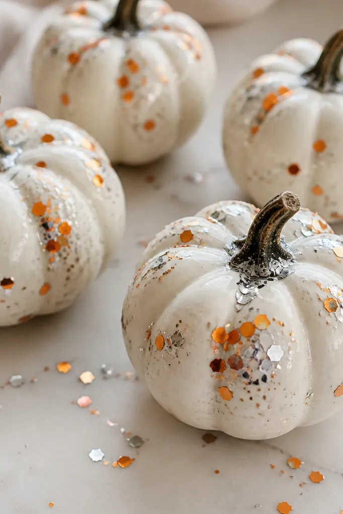 Mini pumpkins coated in clear craft glue in a few spots with silver and orange glitter flakes scattered like confetti, with no full glitter coverage.
