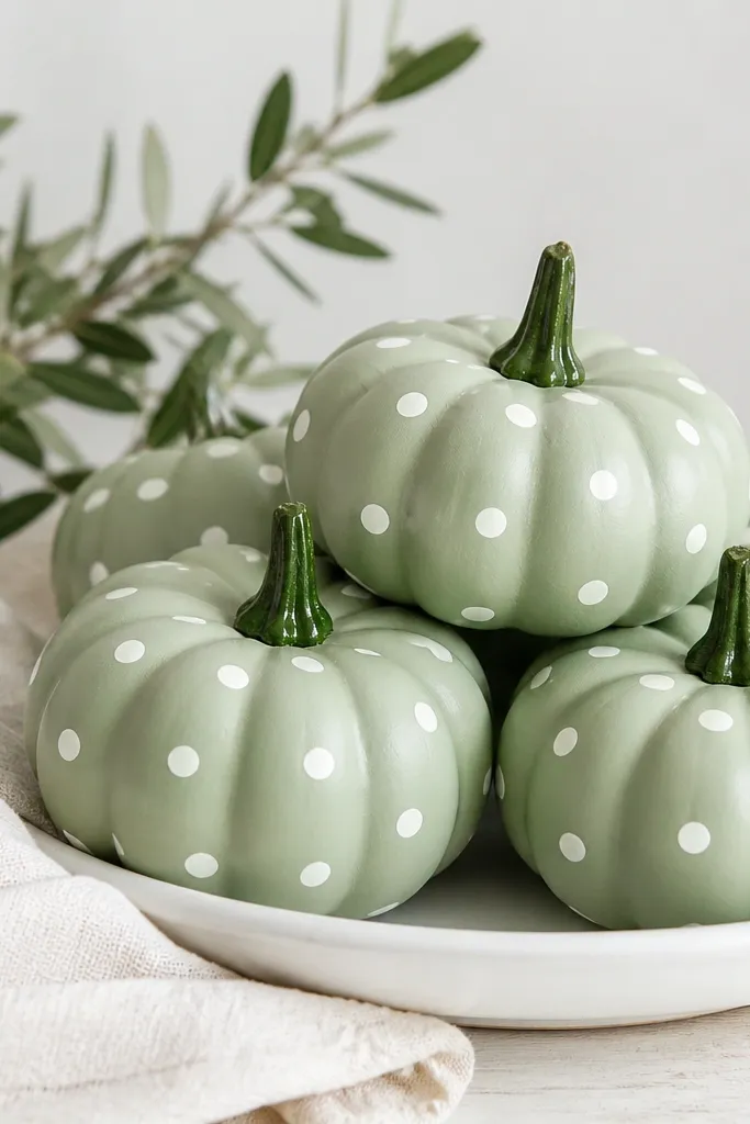 Mini pumpkins painted a soft pastel sage with evenly spaced white polka dots, with the stem painted a deeper green and left glossy.