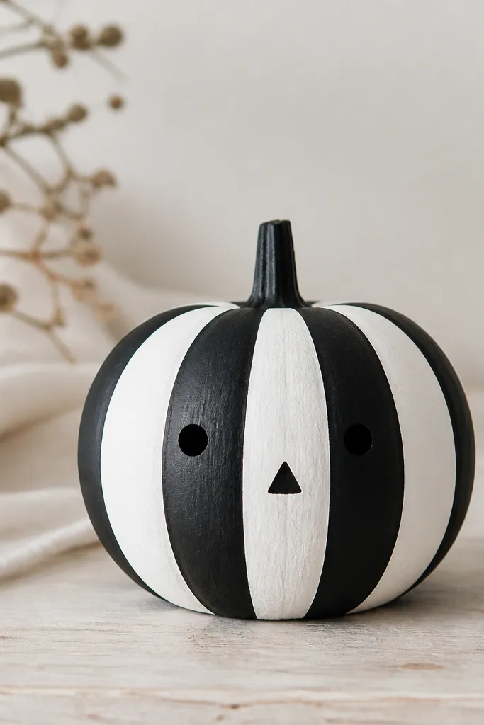 A mini pumpkin painted with alternating black and white vertical stripes, with simple black stick eyes and a small triangular nose.