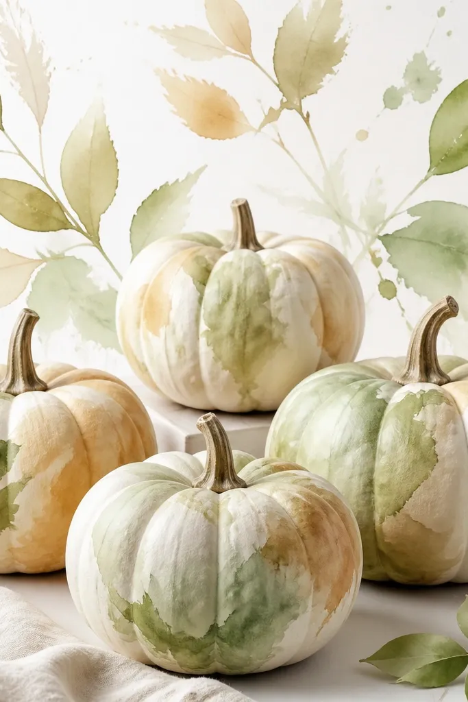 Mini pumpkins with a translucent watercolor wash of light green and tan, with small leaf shapes painted around the top half in a loose style.