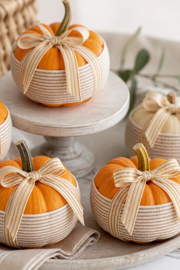 Mini pumpkins wrapped in a thin strip of fabric with narrow cream-and-brown stripes around the middle, finished with a matching ribbon bow on top.
