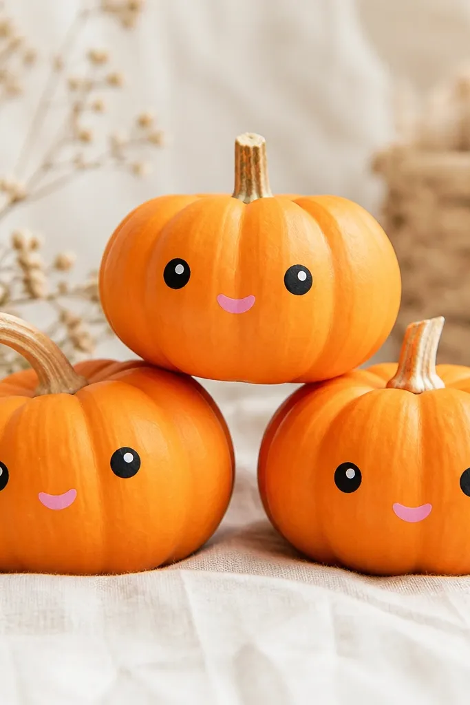 Mini pumpkins painted warm orange with a cute face: black dot eyes, tiny white highlights in each eye, and a small blush-pink mouth.