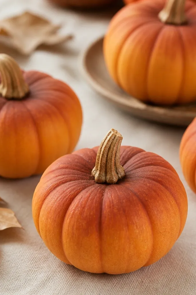 Mini pumpkins with an ombre effect: darker rust at the top fading into lighter orange near the bottom, plus a small burnt sienna band around the stem area.