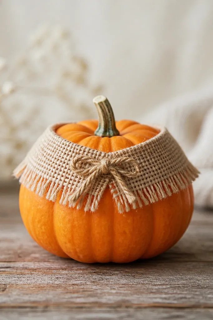A mini pumpkin wearing a small burlap collar around the top half, with short fringe edges and a tiny twine knot at the center front.