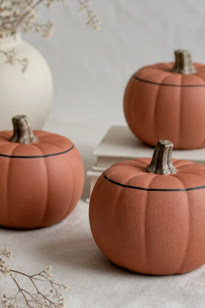 Mini pumpkins painted matte terracotta with a subtle chalky texture, plus a thin black line near the top like a pot rim.
