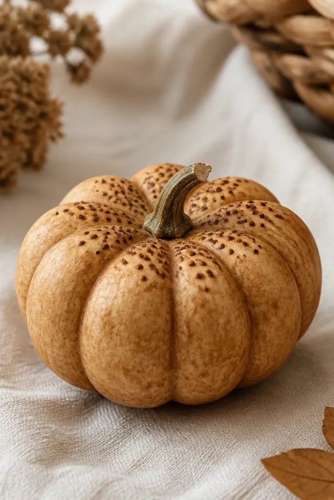 A mini pumpkin with a light brown coffee-stained wash over the orange base and small darker brown dots clustered like seeds near the top.