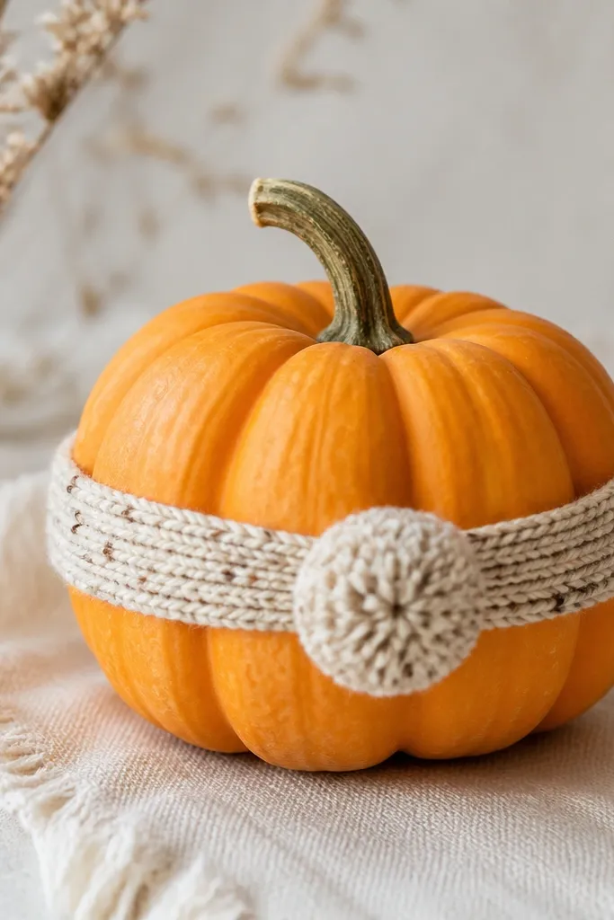 A mini pumpkin wrapped with a narrow strip of knit-looking ribbon (cream with brown flecks) around the center and a small pom-pom at the front.