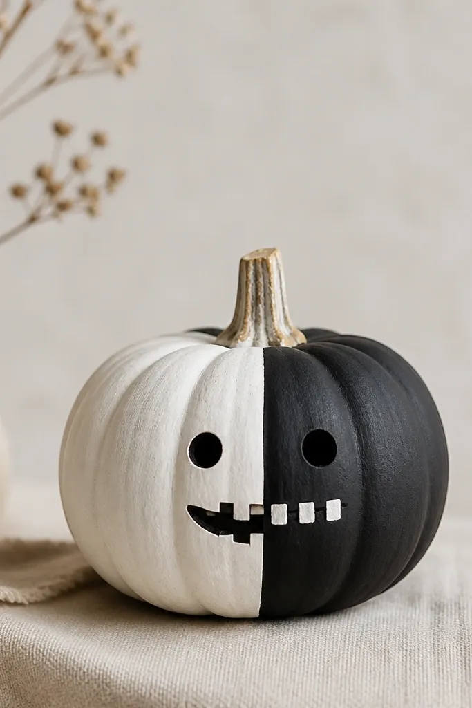 A mini pumpkin painted matte white with a black half-face, showing tiny rectangular teeth and a simple dark mouth shape.