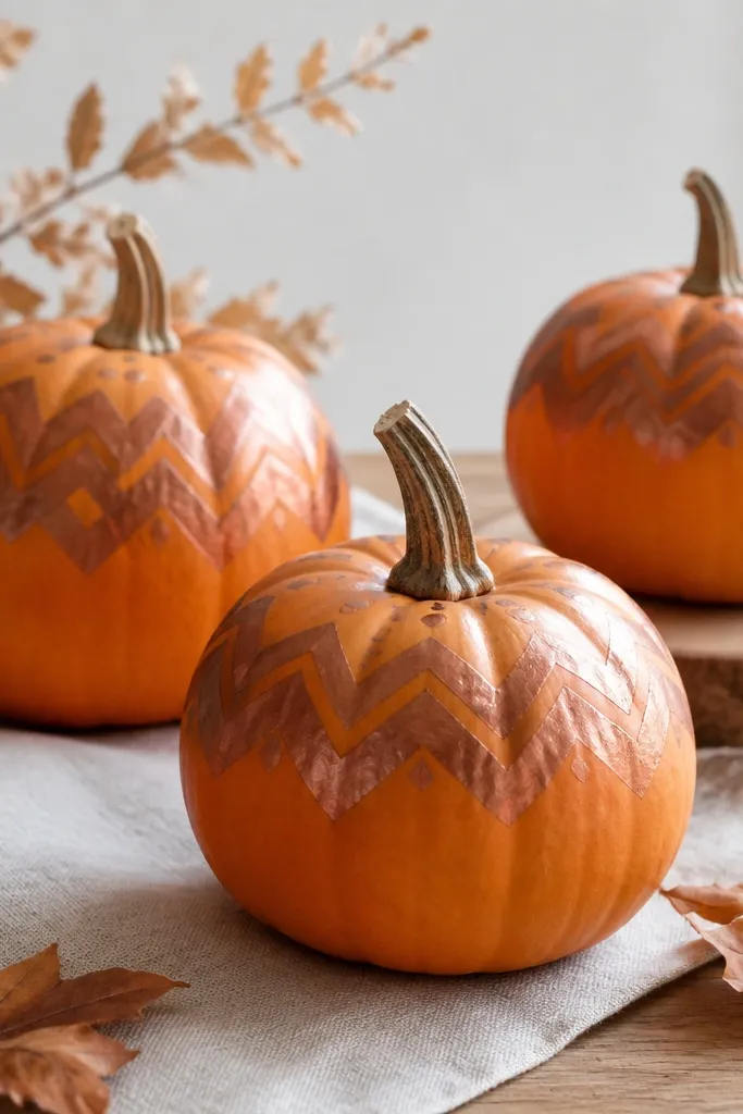 Mini pumpkins with a natural orange base and a copper metallic chevron pattern band across the top third, plus small copper dot near the stem.