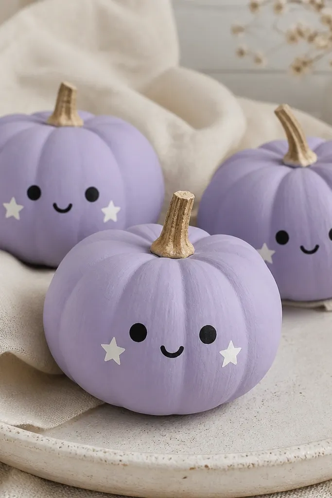 Mini pumpkins painted lavender with a simple face in white and black, plus two tiny five-point star shapes on the cheeks.