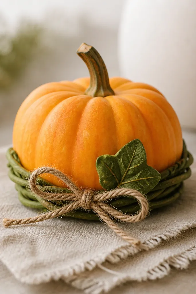 A mini pumpkin wrapped at the bottom with a small loop of faux green vine and a single curled leaf, with a twine bow at the front.