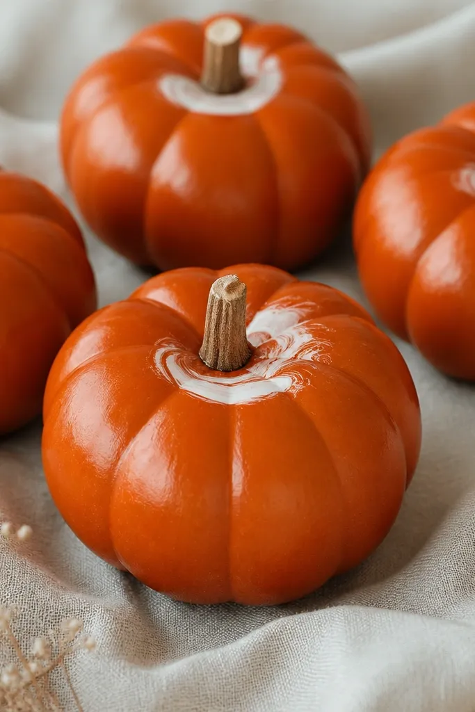 Mini pumpkins painted solid deep orange with a smooth satin finish, plus a small white swirl near the stem like a glaze mark.