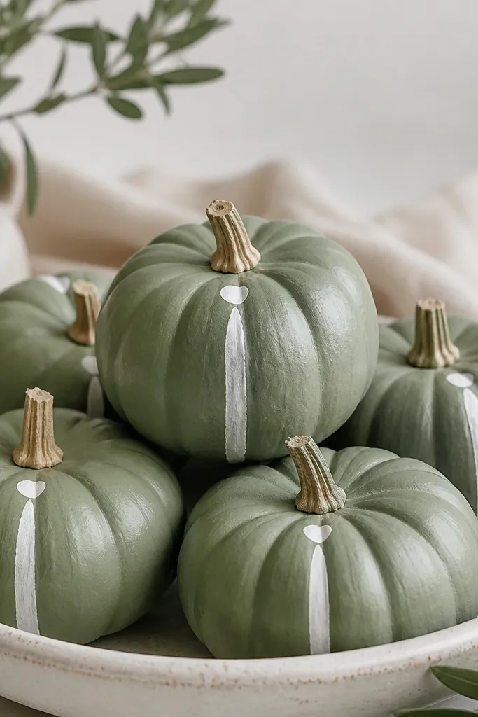 Mini pumpkins painted muted green with a single vertical white stripe down the center and a tiny white dot near the stem.