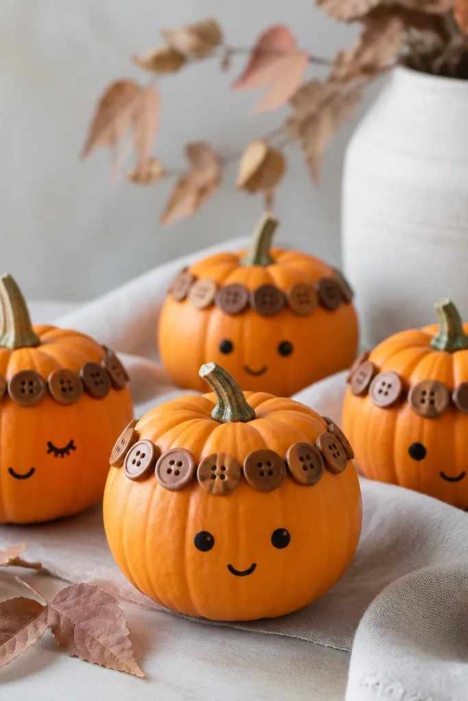 Mini pumpkins with a thin border of small brown buttons around the top third, with a simple face drawn in black marker in the center.