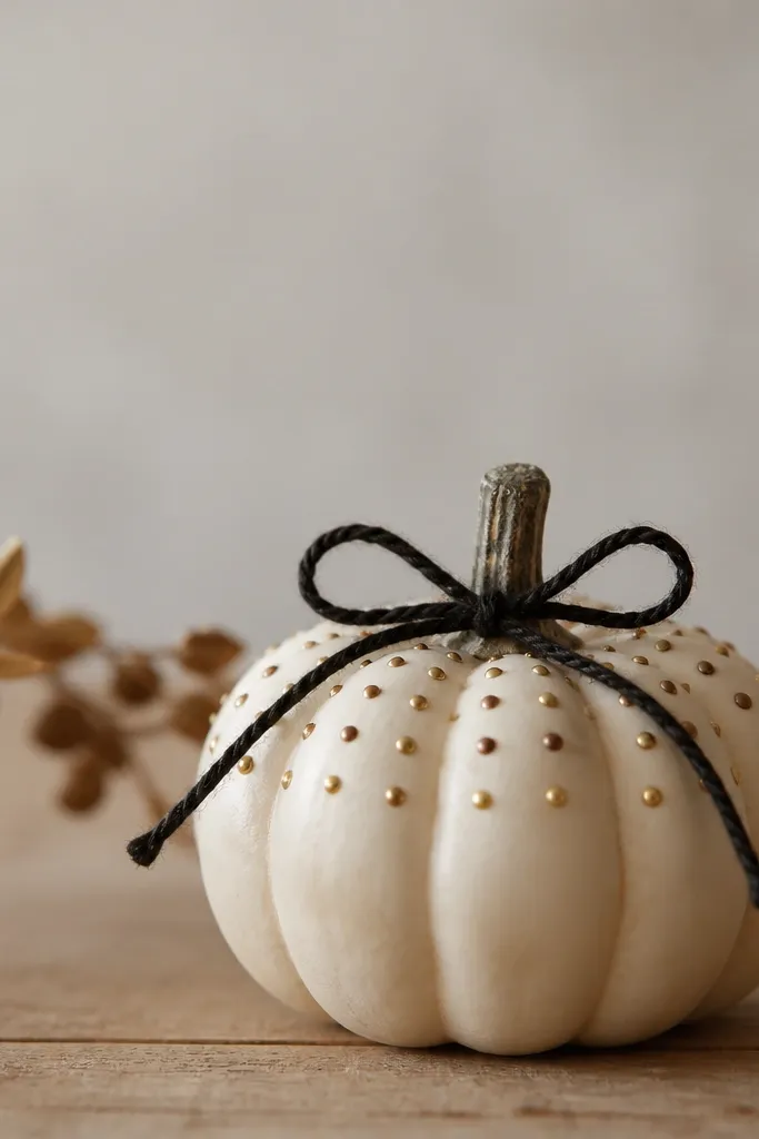 A mini pumpkin with a small grid of tiny gold and rust nailhead studs near the top, plus a black twine bow at the stem.