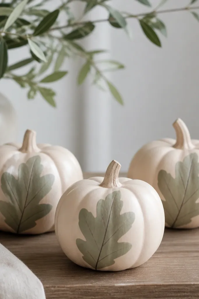 Mini pumpkins painted a light beige, with a single leaf stencil across the front in muted green and a thin vein line in darker green.