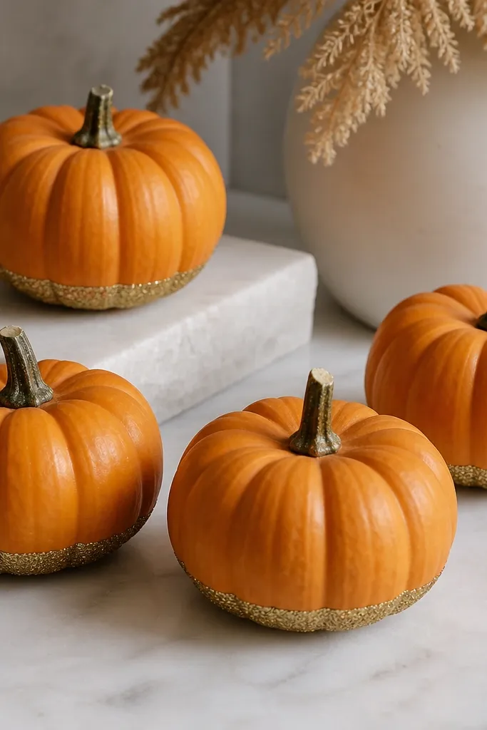 Mini pumpkins with natural orange skin and a glitter band only at the bottom edge, like a metallic base trim.