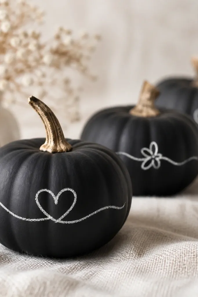 Mini pumpkins coated in matte black chalkboard paint with short white script lines like a tiny message across the front.